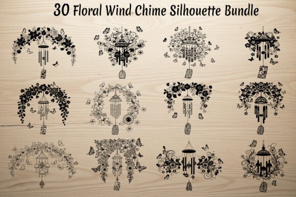 30 Floral Wind Chime Silhouette Bundle: Graphics for Crafts