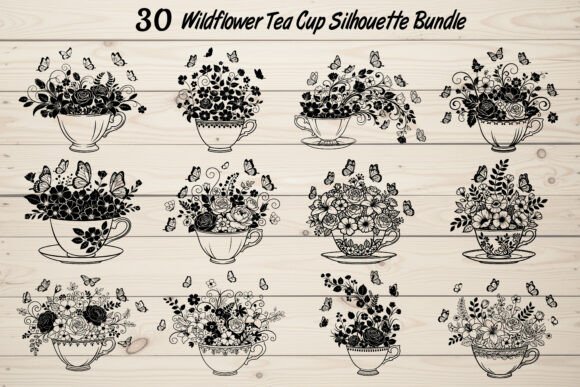 30 Wildflower Tea Cup Silhouette Bundle: Graphics for Crafts & Content