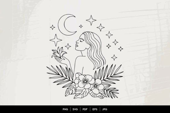 Celestial Woman Floral Line Art: Graphics & Illustrations