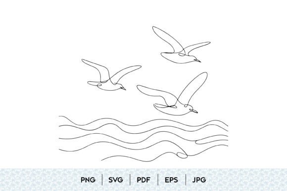 Flying Seagulls Ocean Line Art SVG: Coastal Graphics & Illustrations