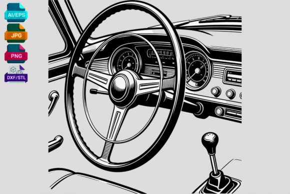 Vintage Car Interior Steering Wheel Graphics for Crafts